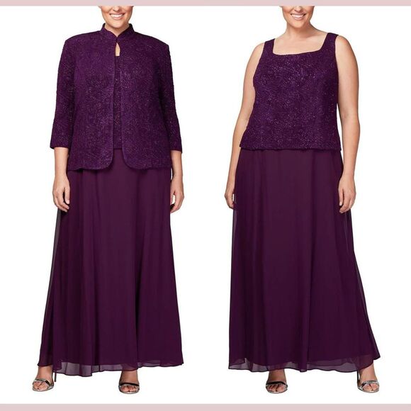 NWT $229 Alex Evenings [ 16W ] Mock Two-Piece Gown with Jacket in Eggplant #J717 - Picture 1 of 16